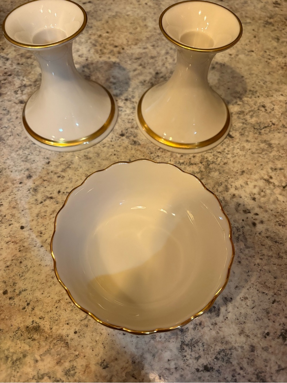 Lenox Ivory Porcelain Bowl and Candlestick Pair with 24K Gold Trim